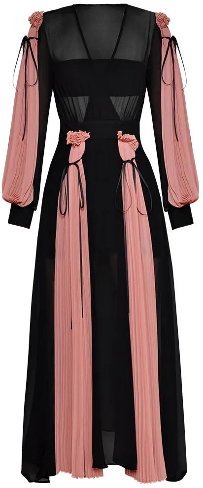 Color-Block Pleated Paneled Maxi Dress, Black and Nude/Pink