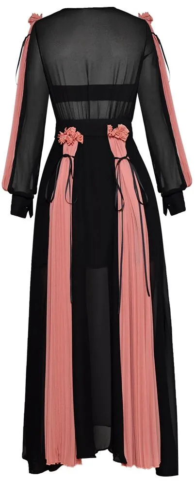 Color-Block Pleated Paneled Maxi Dress, Black and Nude/Pink