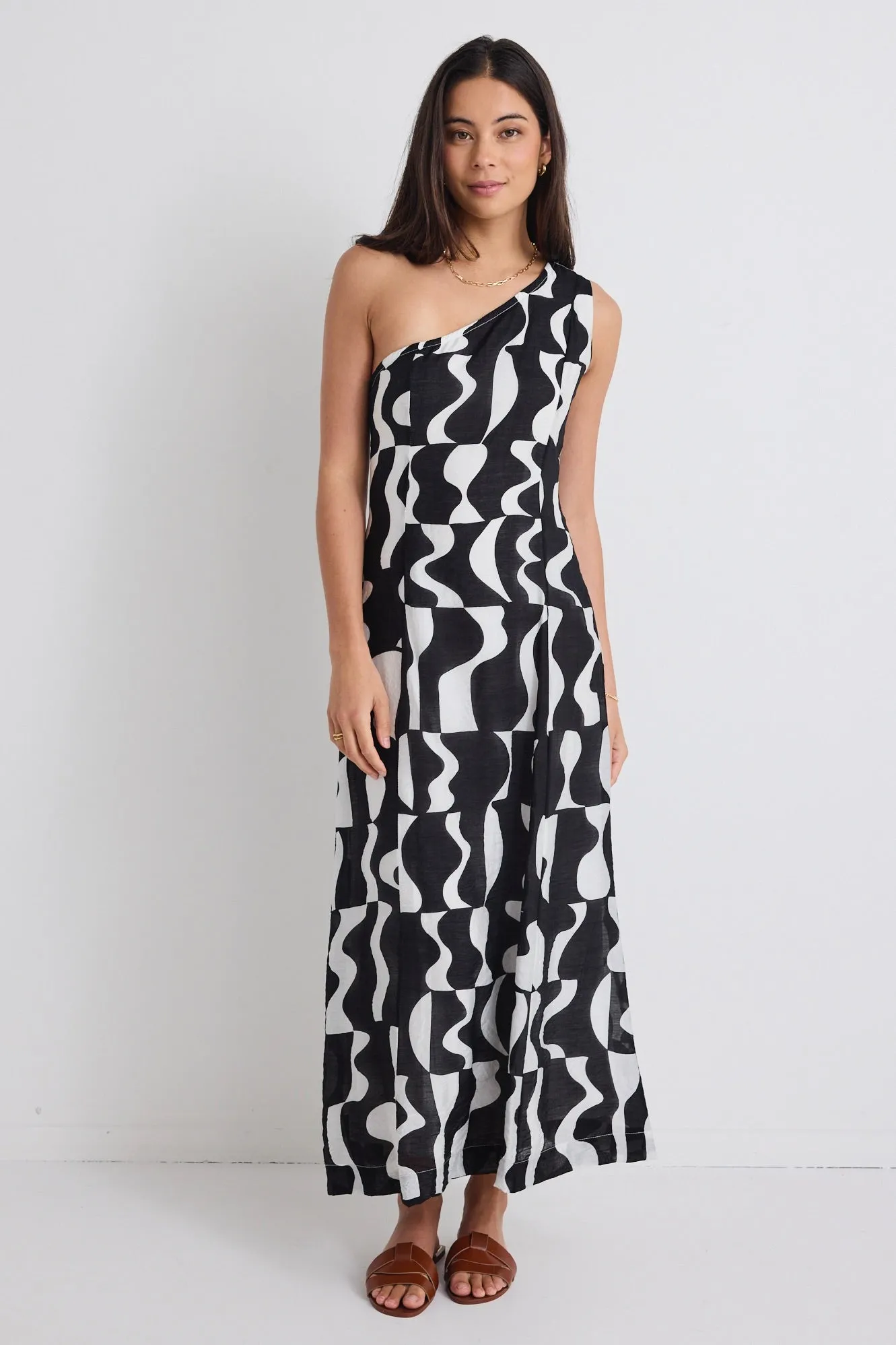 Conscious Black Wave Print One Shoulder Maxi Dress