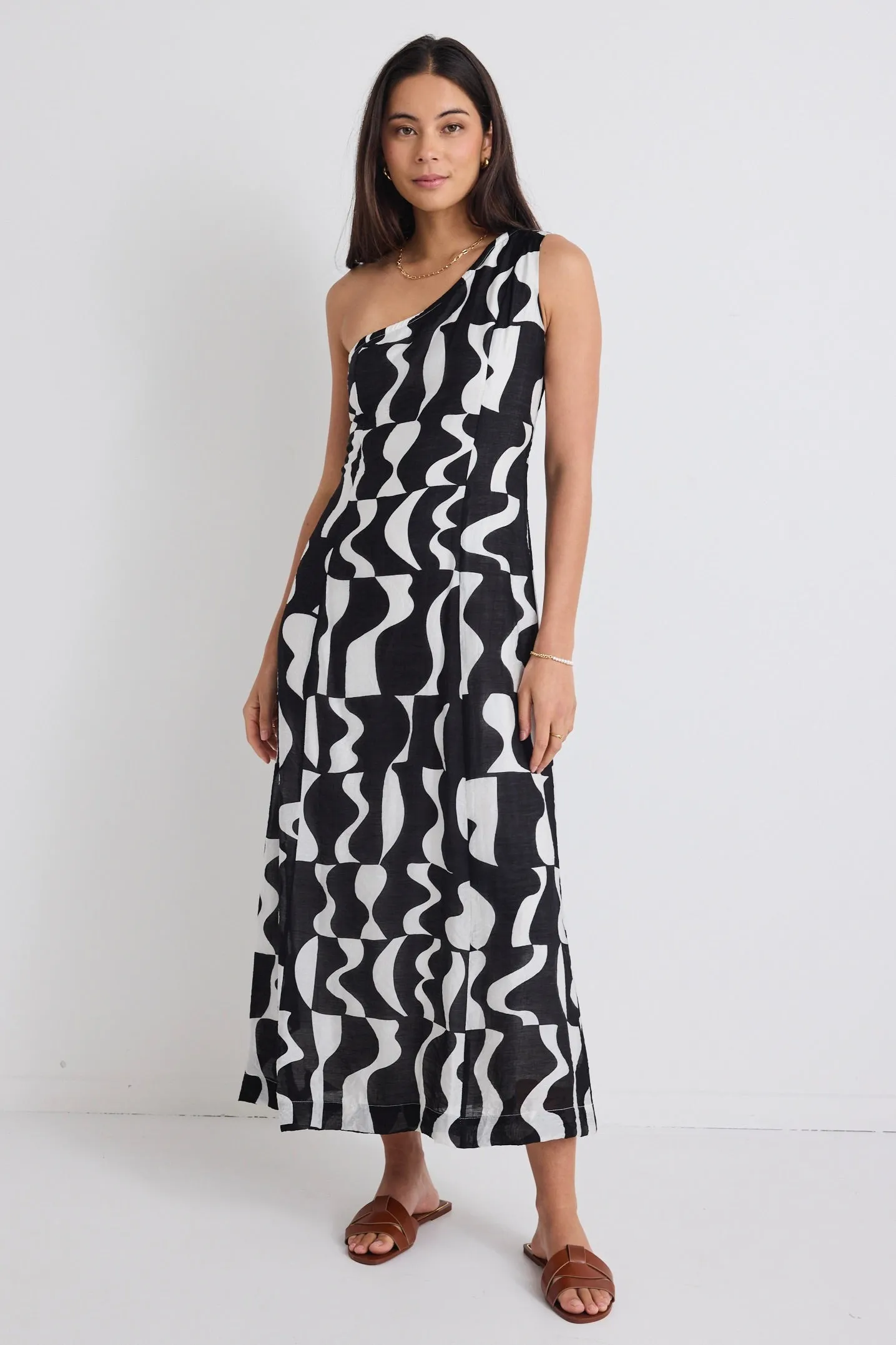 Conscious Black Wave Print One Shoulder Maxi Dress