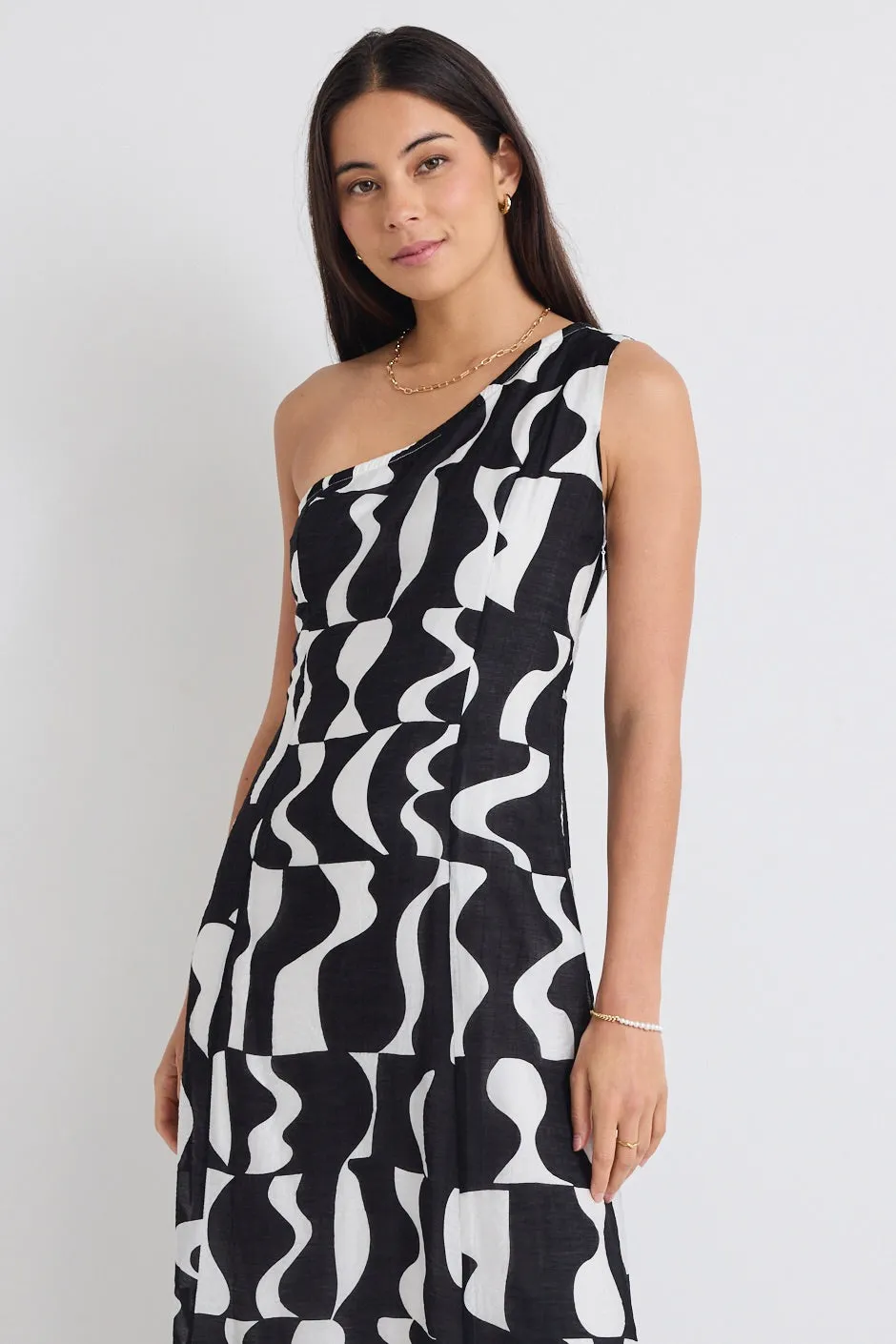 Conscious Black Wave Print One Shoulder Maxi Dress