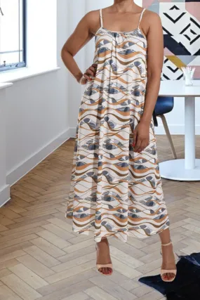 Cream And Brown Printed Strappy Maxi Dress