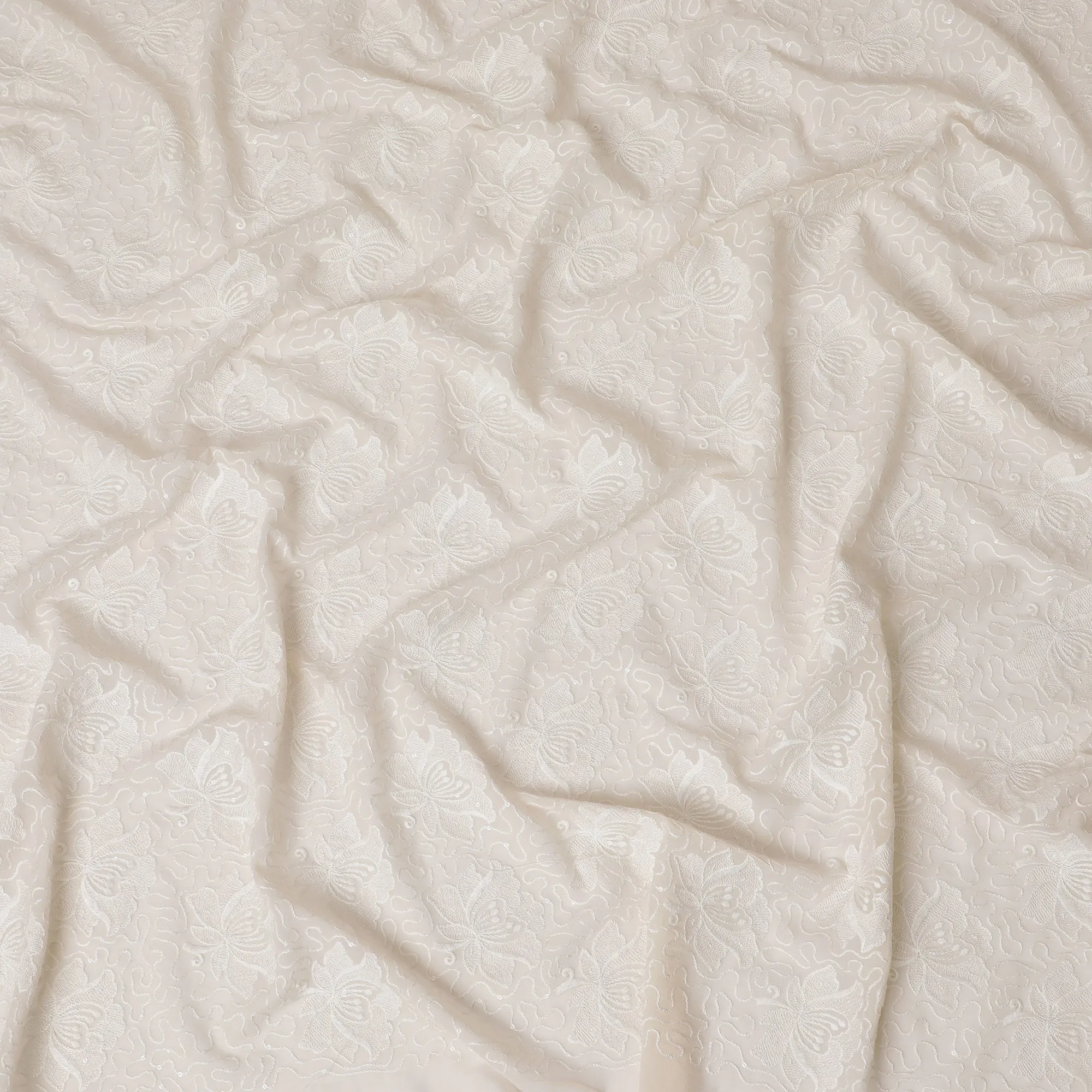 Cream Rose Textured Embroidered Georgette Fabric - 110 cm Width, Luxurious & Textured, Perfect for Occasion Wear-D19150