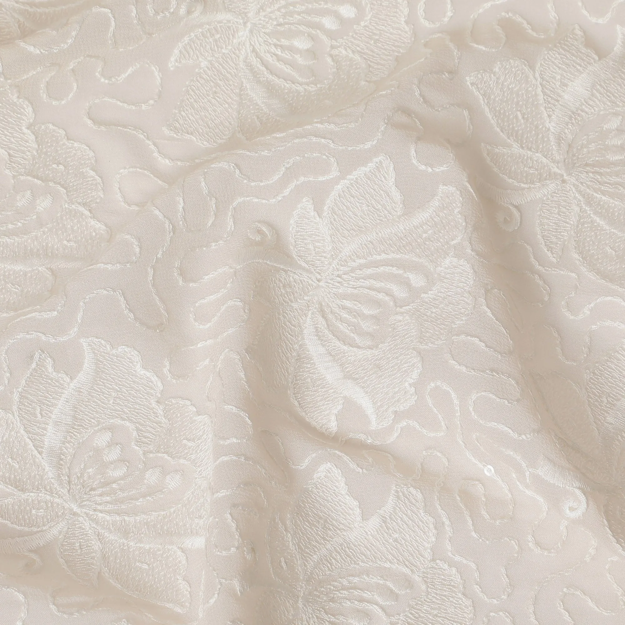 Cream Rose Textured Embroidered Georgette Fabric - 110 cm Width, Luxurious & Textured, Perfect for Occasion Wear-D19150