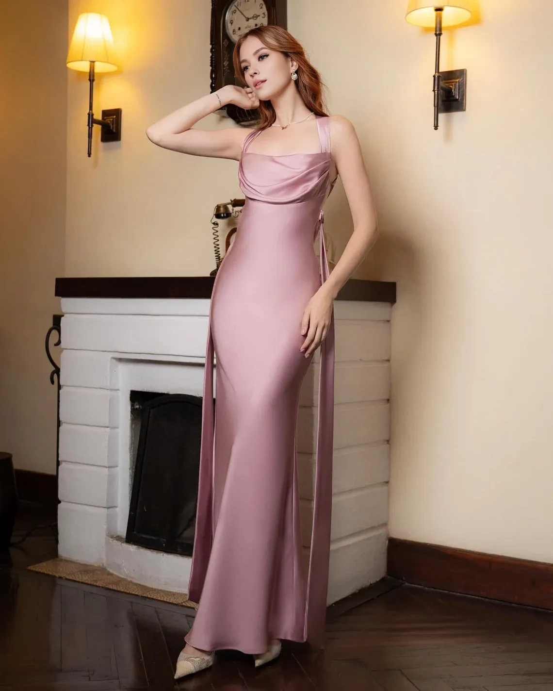 Cross Back Silk Open Back Dress Maxi Dress Wedding Guest Dress Draped Front Dress