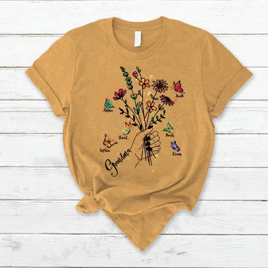 Customized Grandma Hands Holding Flower And Kids, Grandma's Gift T Shirt