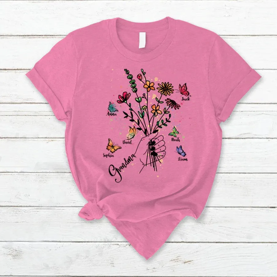 Customized Grandma Hands Holding Flower And Kids, Grandma's Gift T Shirt