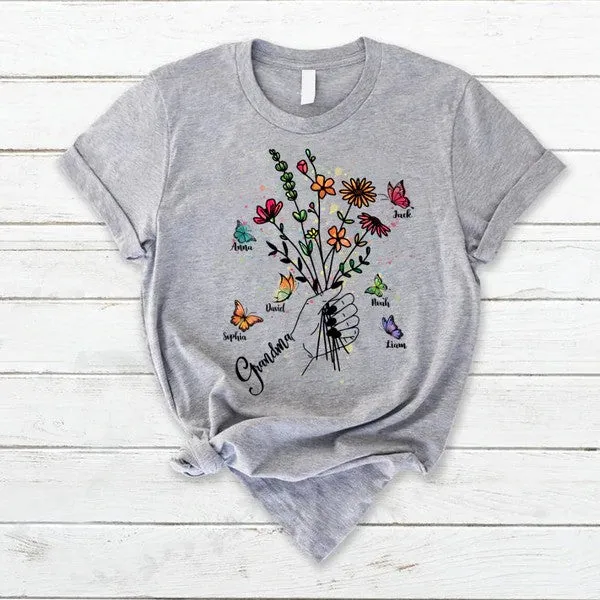 Customized Grandma Hands Holding Flower And Kids, Grandma's Gift T Shirt