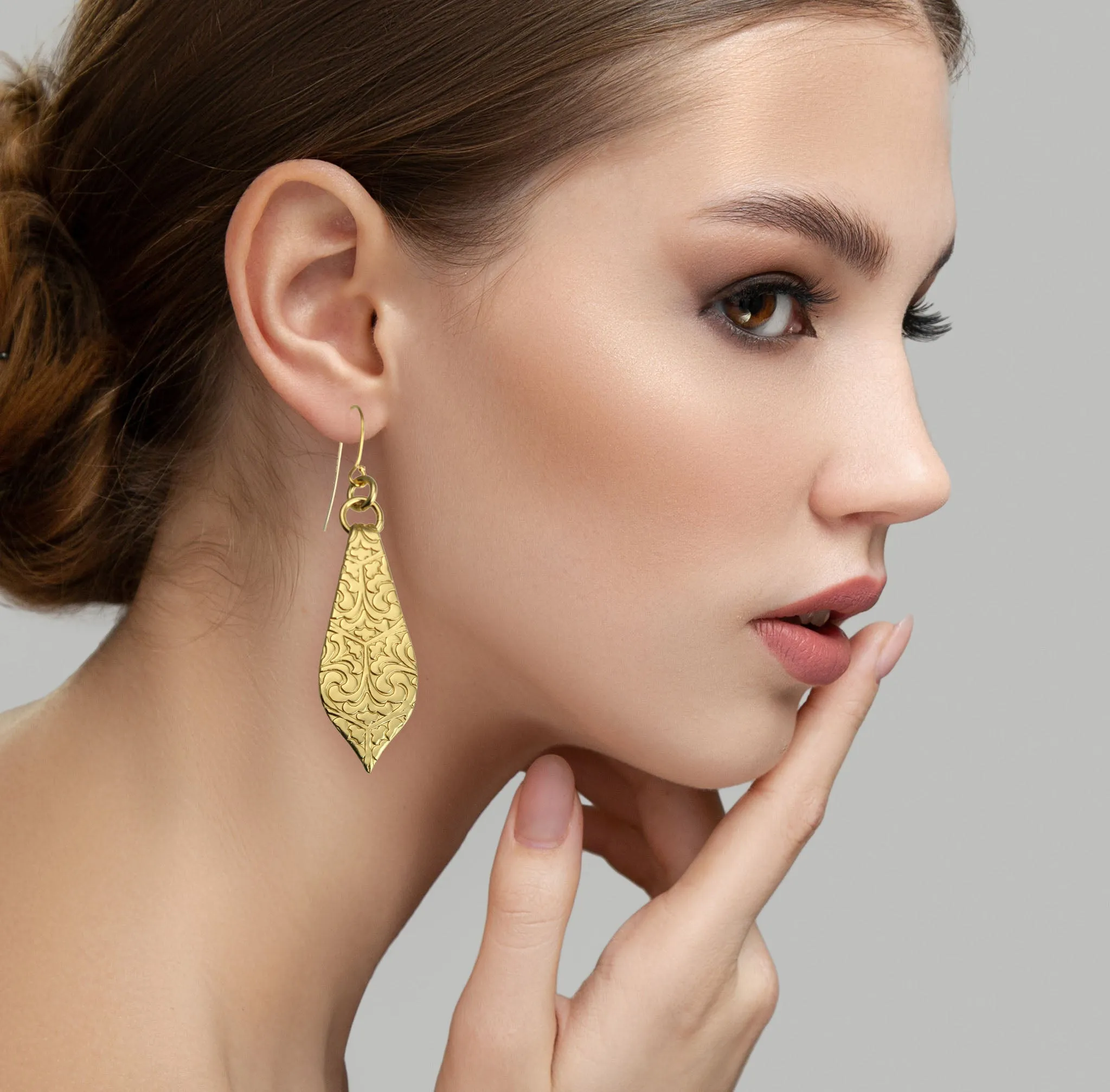 Damask Embossed Brass Nu Gold Marrakesh Teardrop Earrings