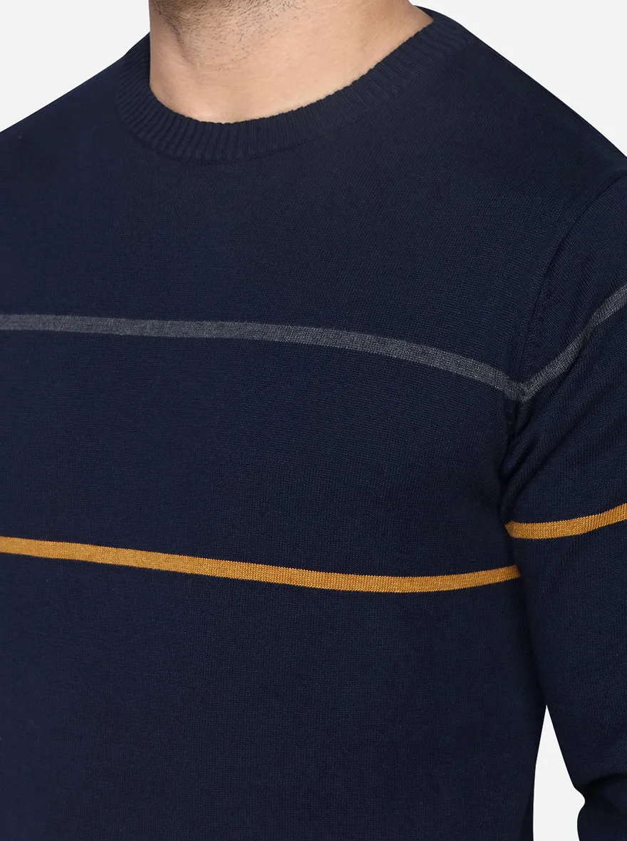 Dark Blue Striped Slim Fit T-Shirt | JadeBlue