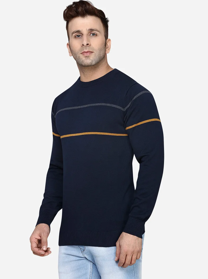 Dark Blue Striped Slim Fit T-Shirt | JadeBlue