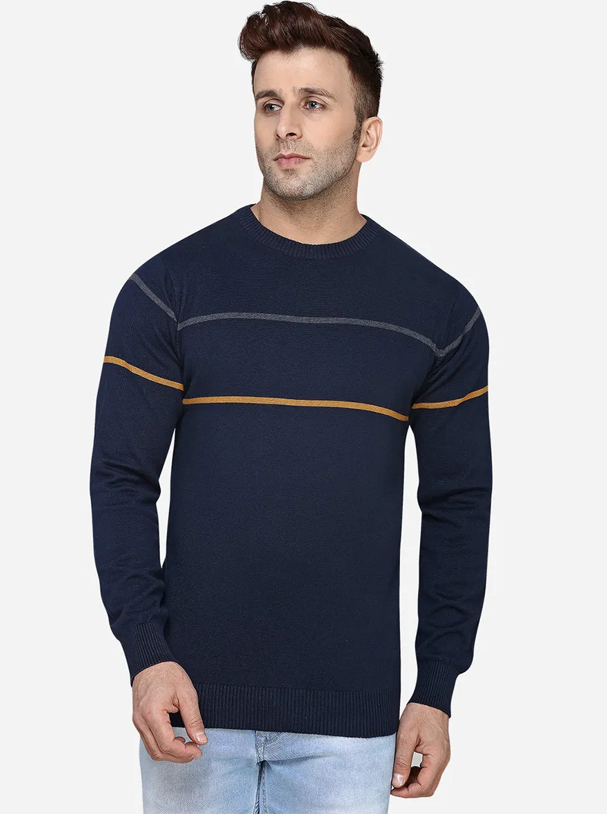 Dark Blue Striped Slim Fit T-Shirt | JadeBlue