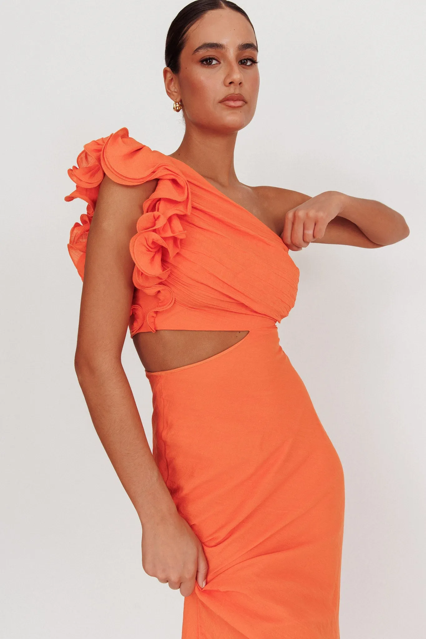 Deanna One-Shoulder Ruffle Maxi Dress Orange