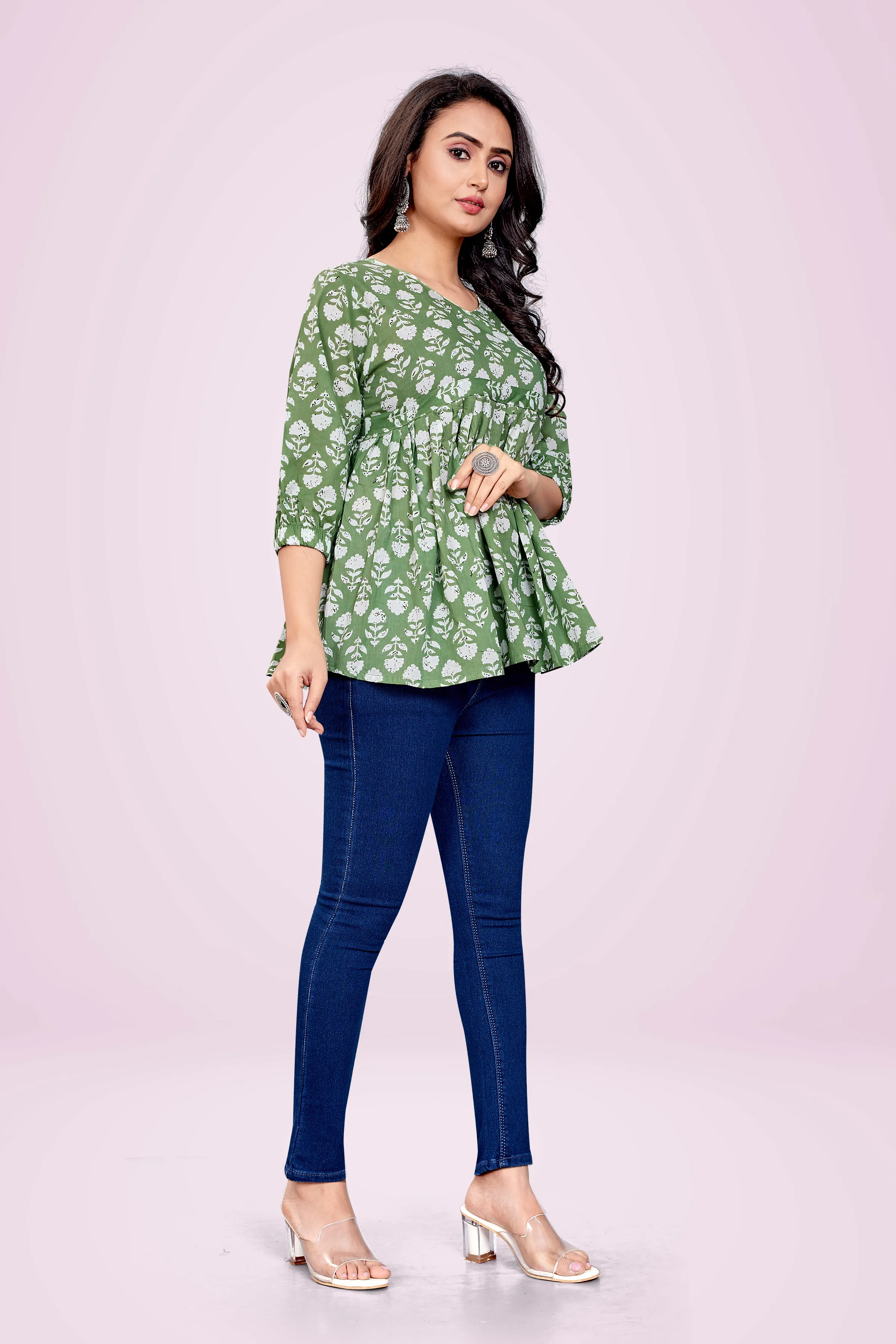 Ekisha's women angrakha printed green cotton tunic top short kurti