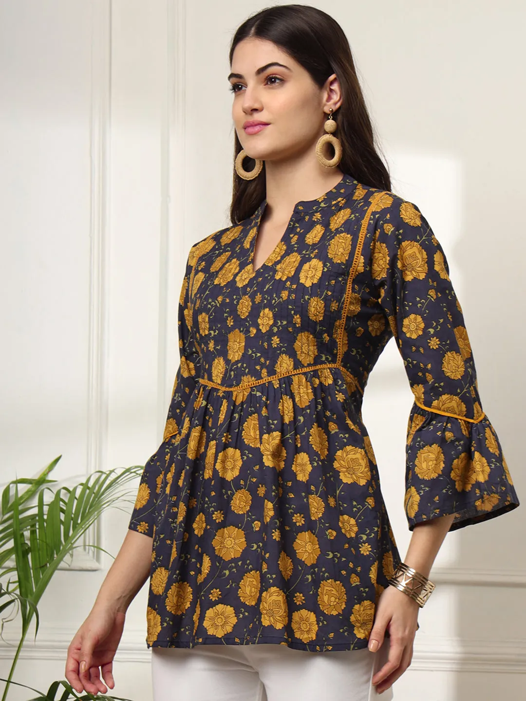 Ekisha's women dark blue pleated designer floral printed cotton tunic top short kurti