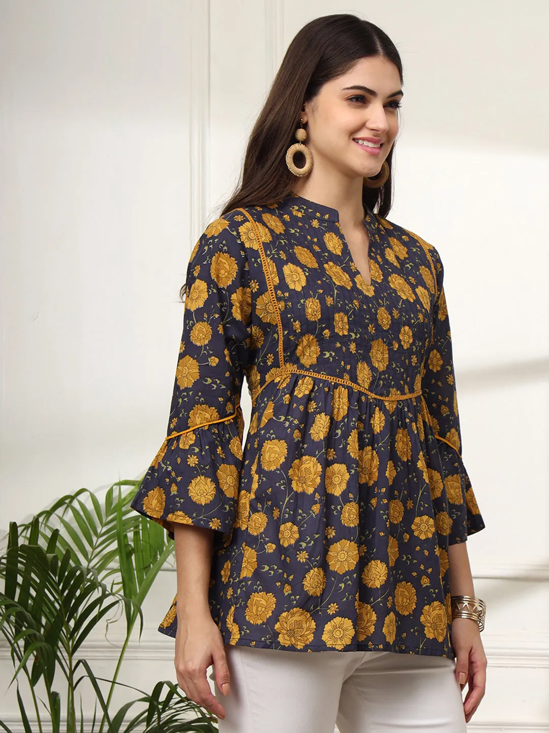 Ekisha's women dark blue pleated designer floral printed cotton tunic top short kurti