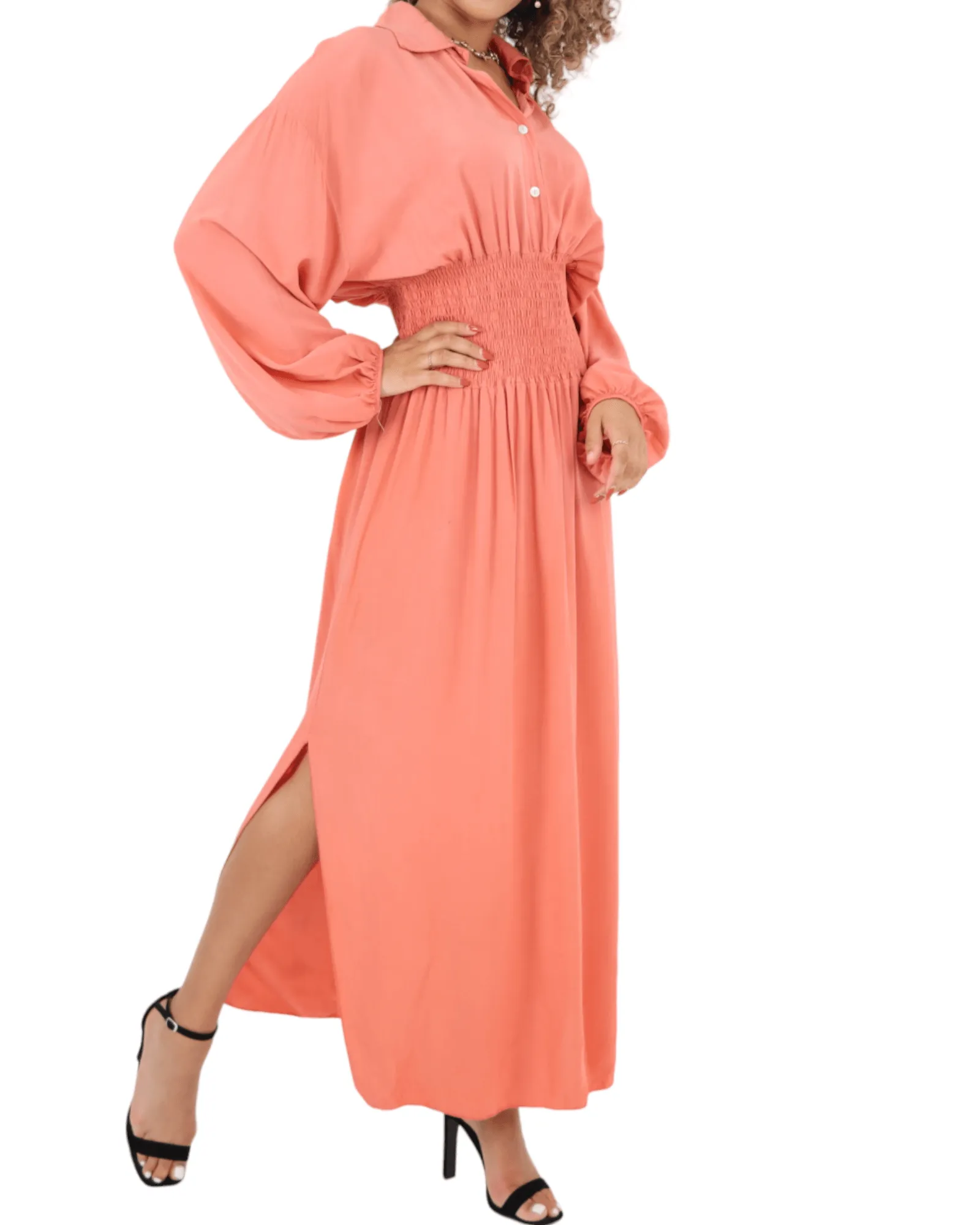 Elasticated Waist Double Slit Maxi Dress