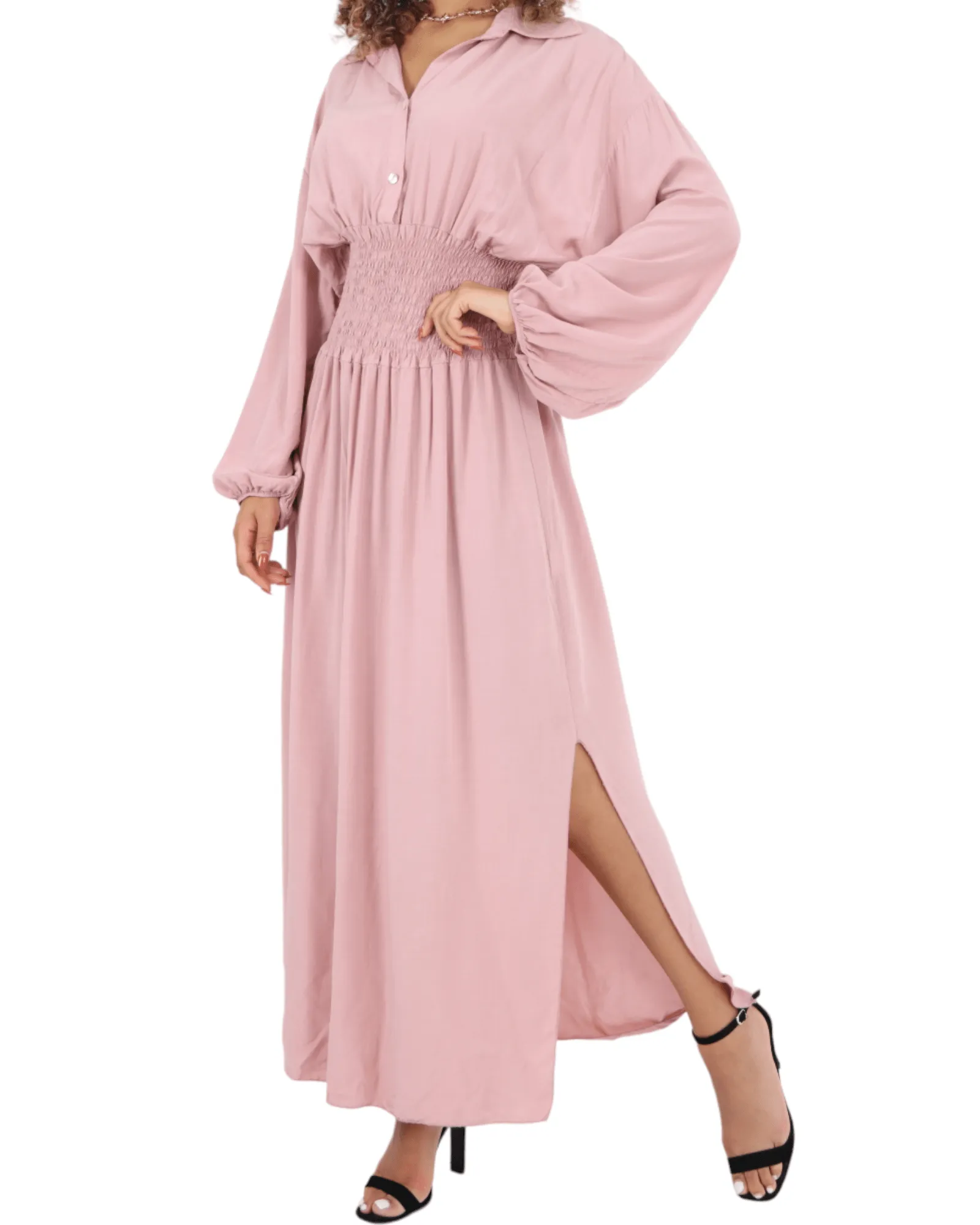 Elasticated Waist Double Slit Maxi Dress