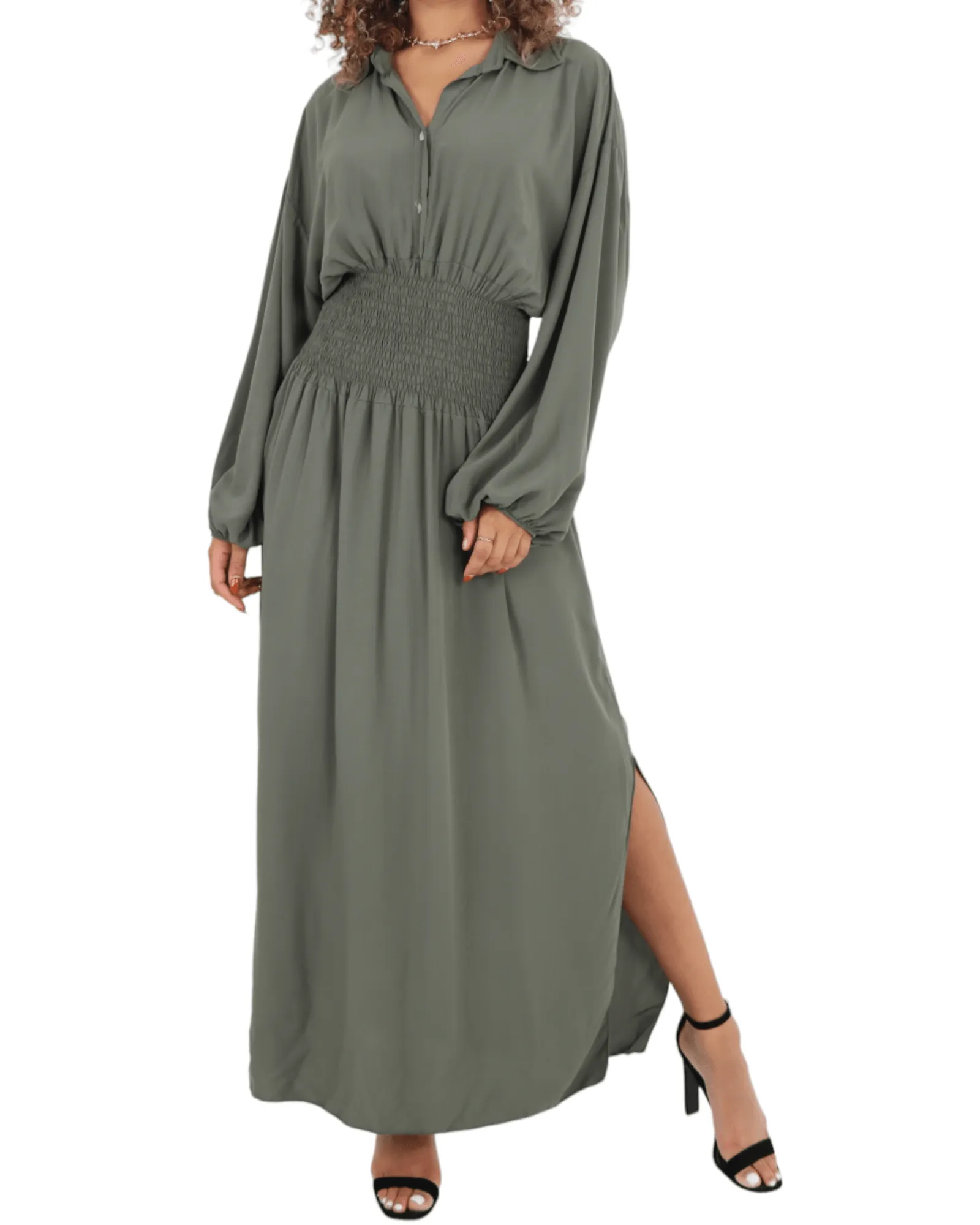 Elasticated Waist Double Slit Maxi Dress