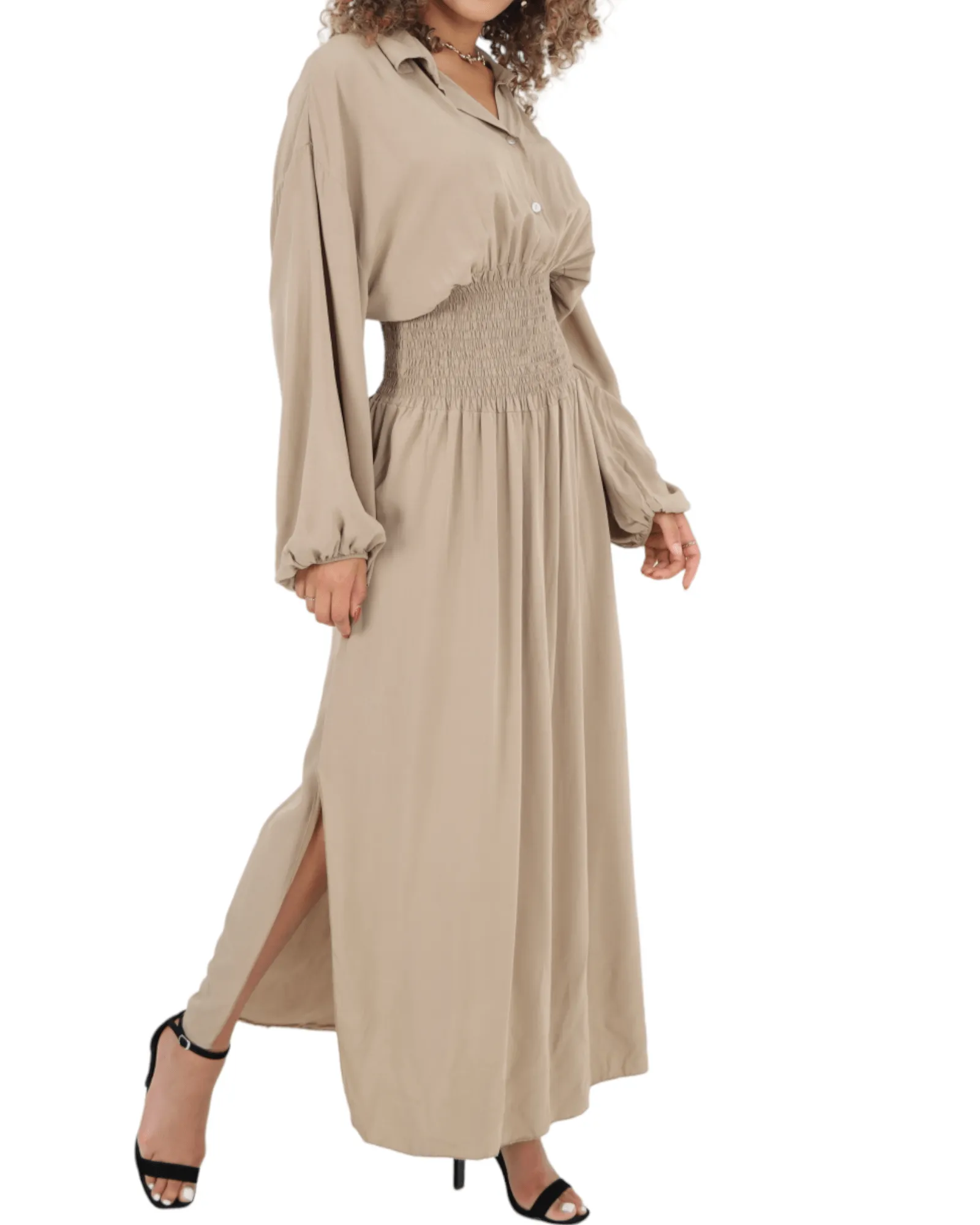 Elasticated Waist Double Slit Maxi Dress