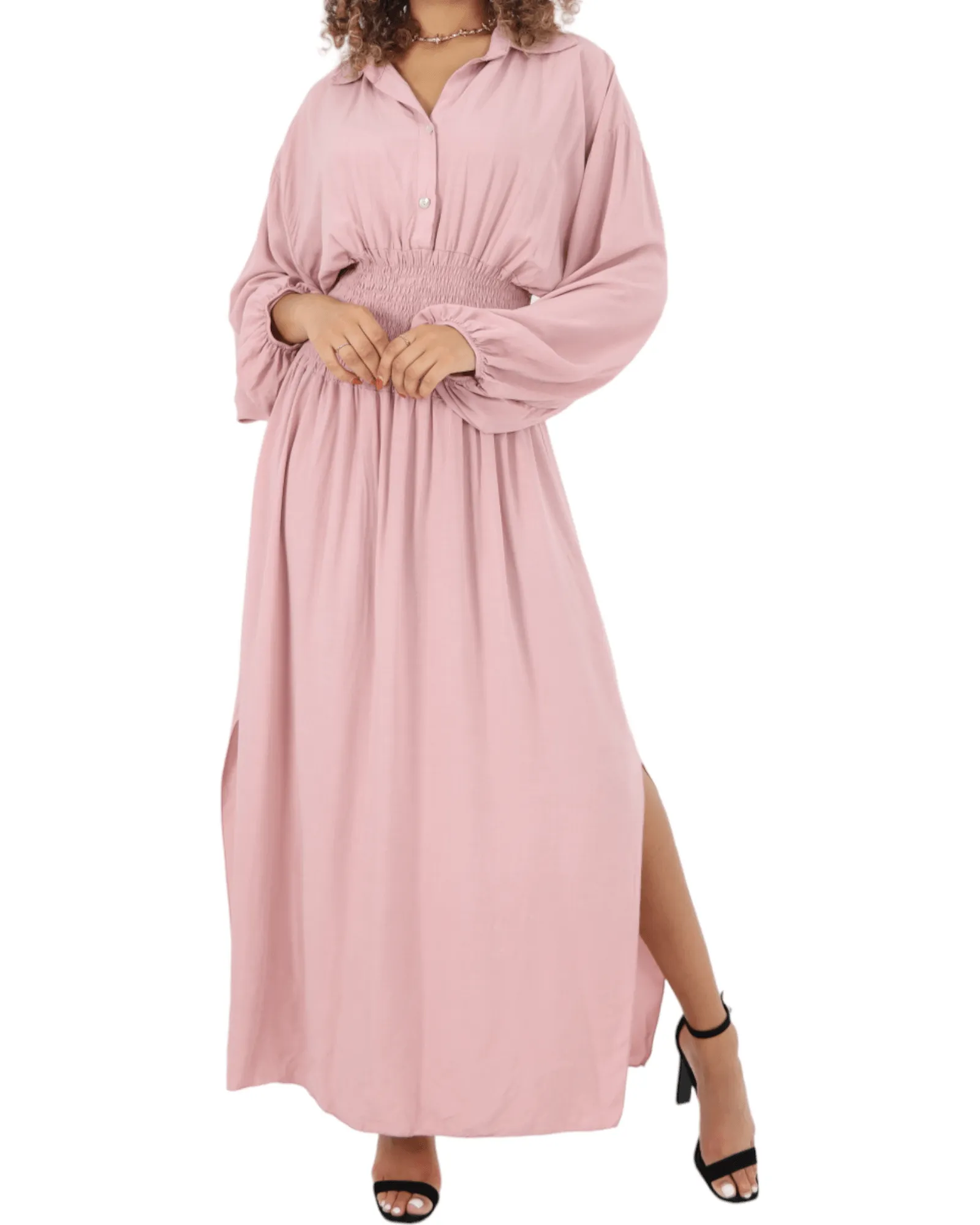 Elasticated Waist Double Slit Maxi Dress