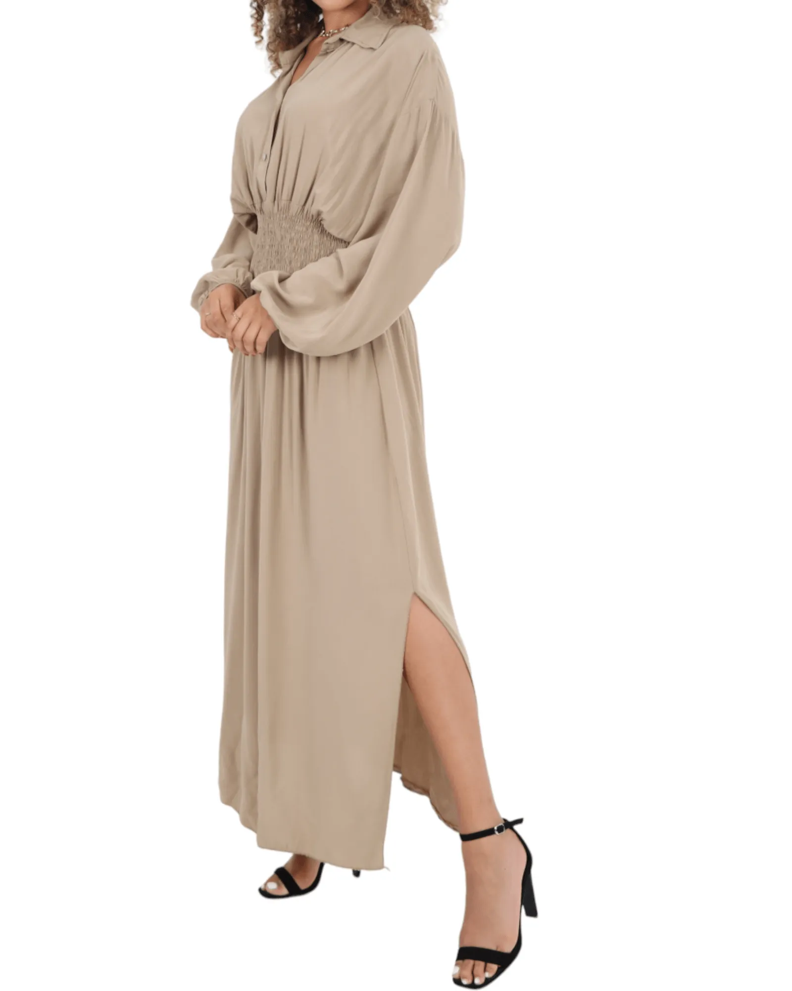 Elasticated Waist Double Slit Maxi Dress