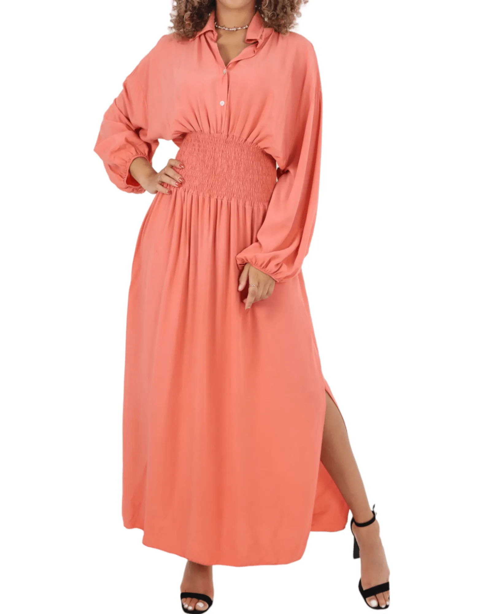 Elasticated Waist Double Slit Maxi Dress