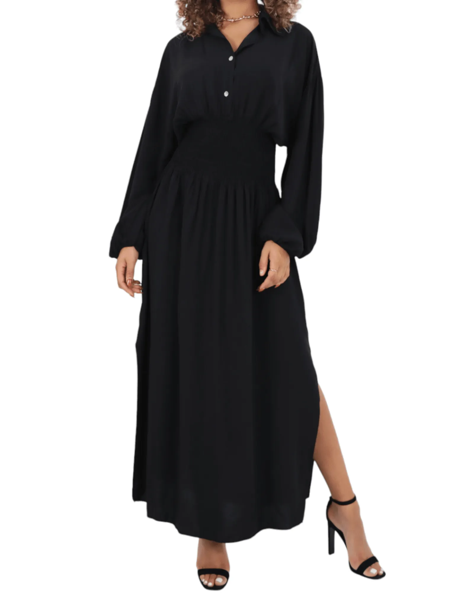 Elasticated Waist Double Slit Maxi Dress