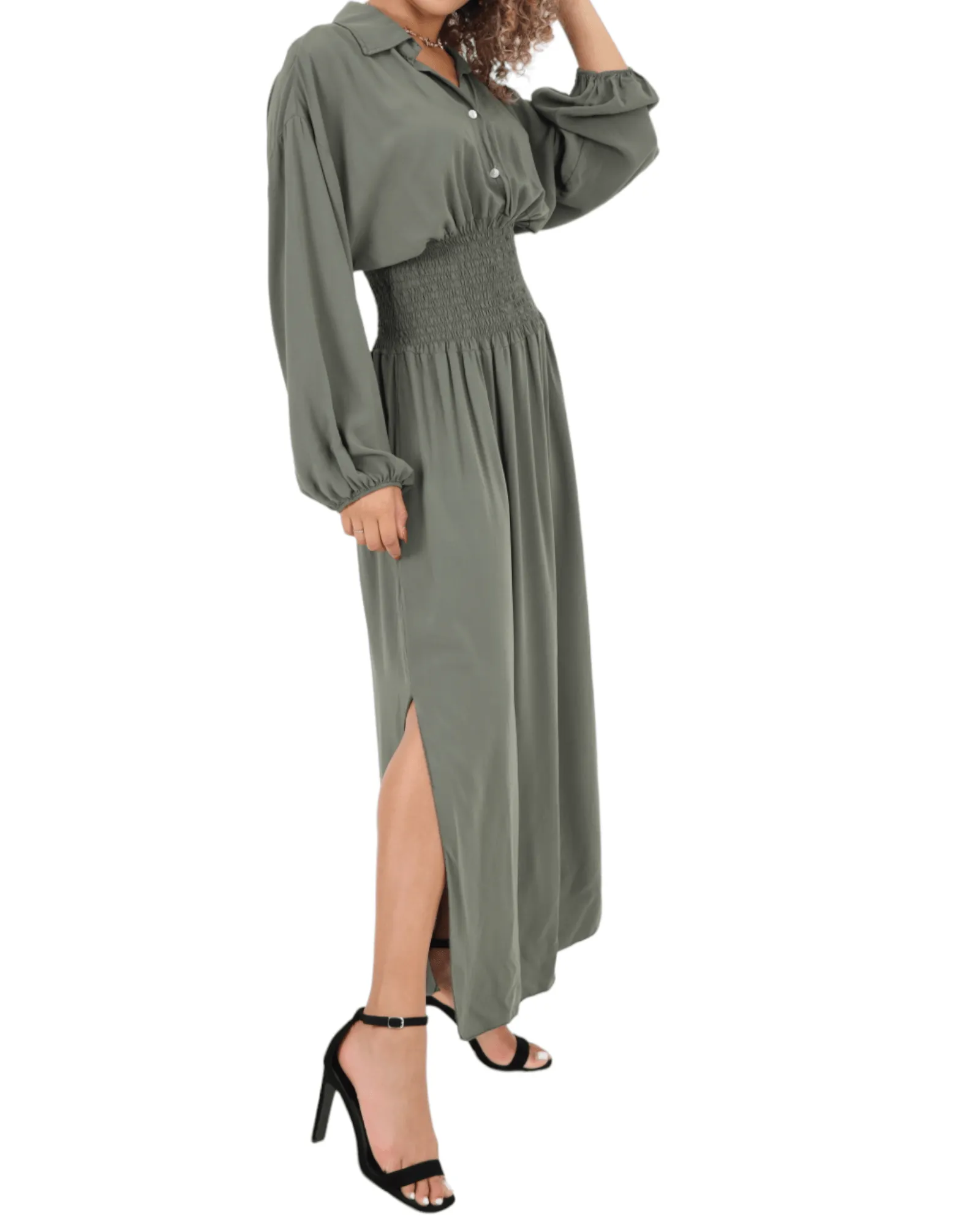 Elasticated Waist Double Slit Maxi Dress