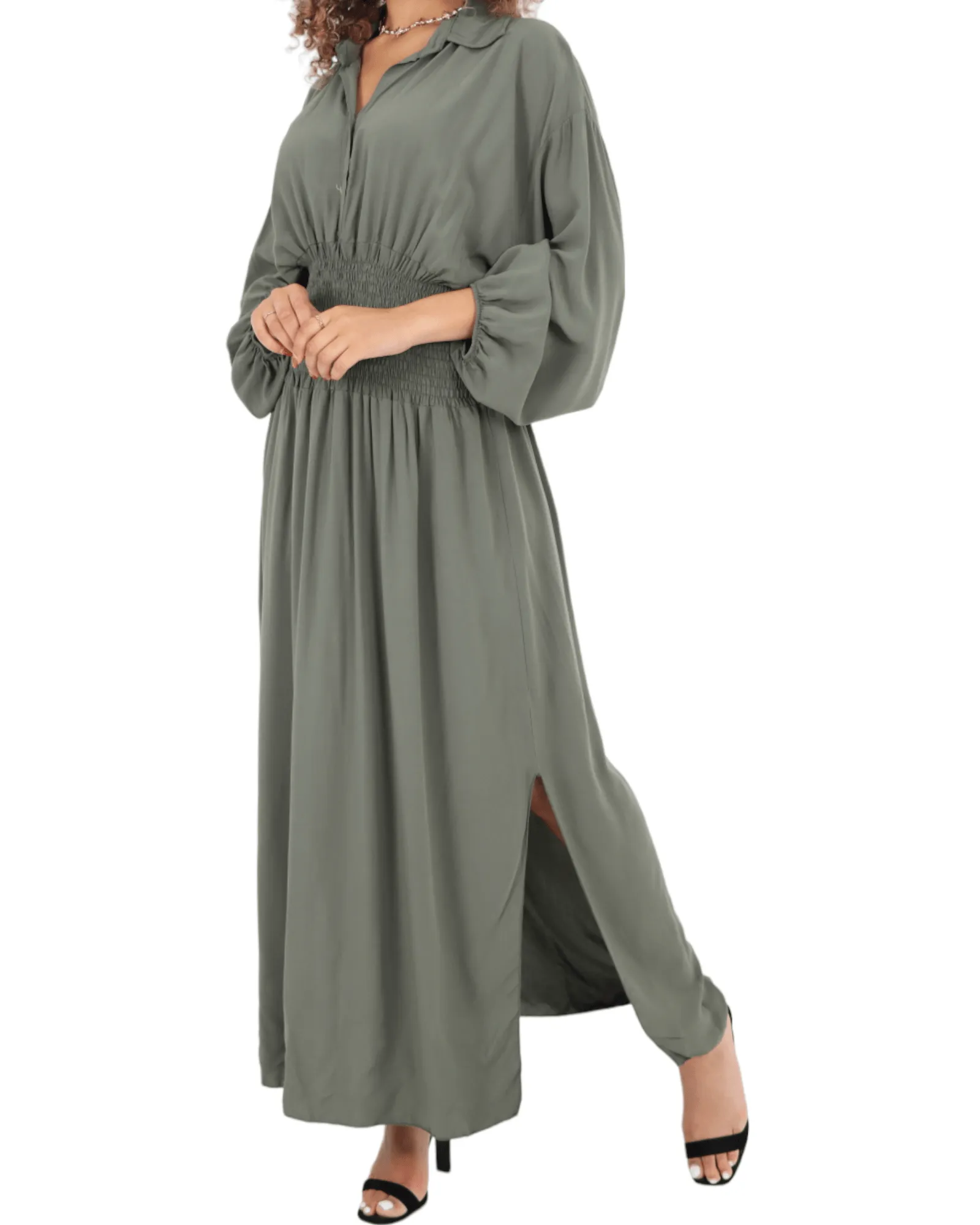 Elasticated Waist Double Slit Maxi Dress