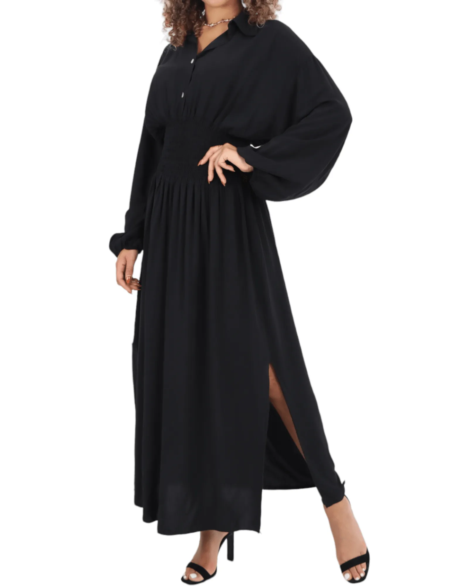 Elasticated Waist Double Slit Maxi Dress