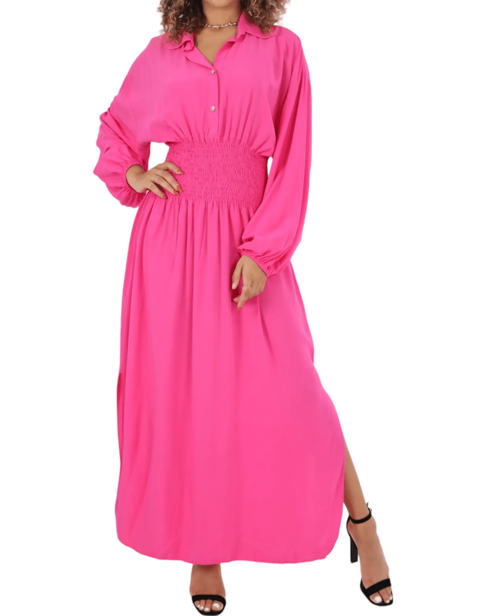 Elasticated Waist Double Slit Maxi Dress