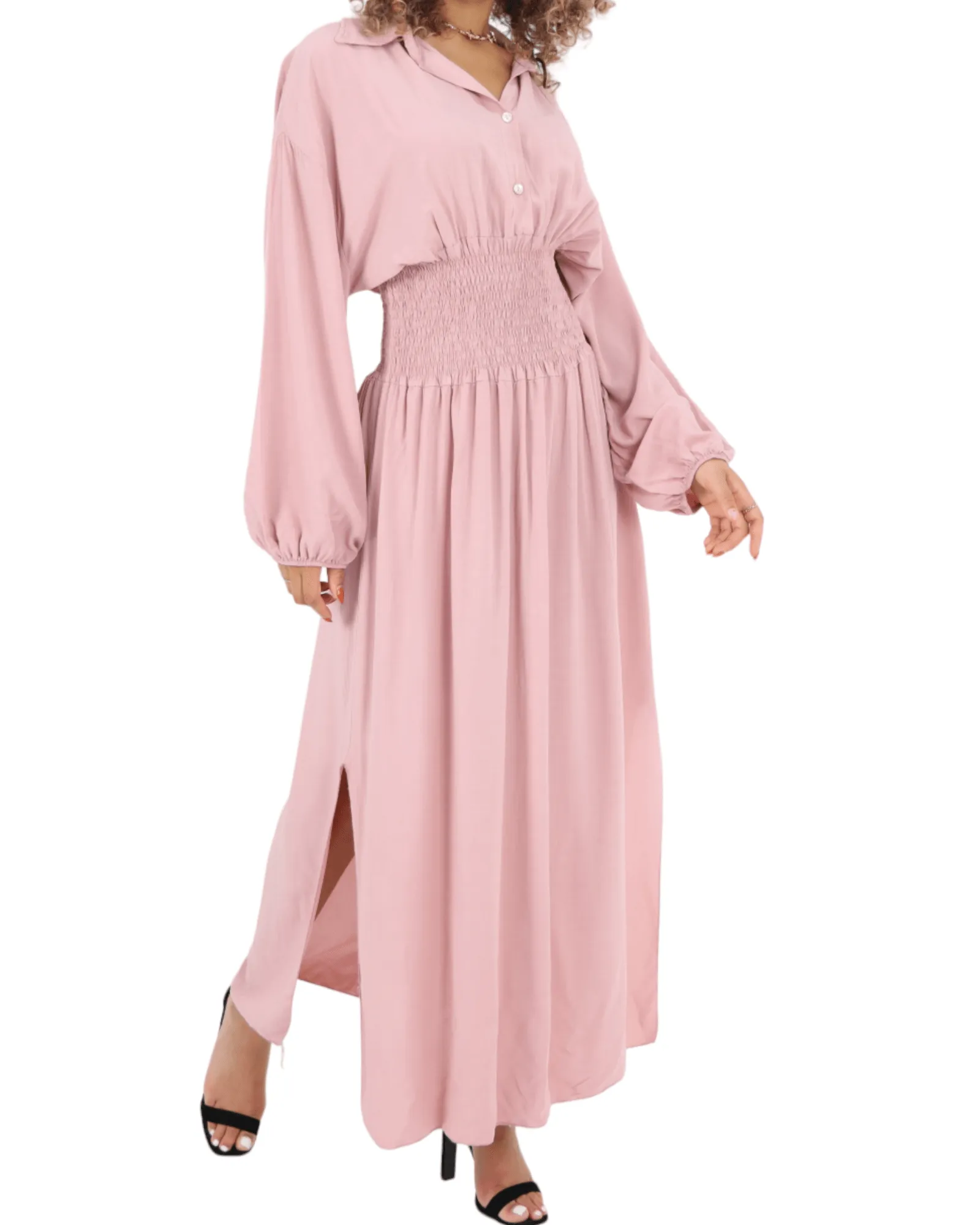 Elasticated Waist Double Slit Maxi Dress