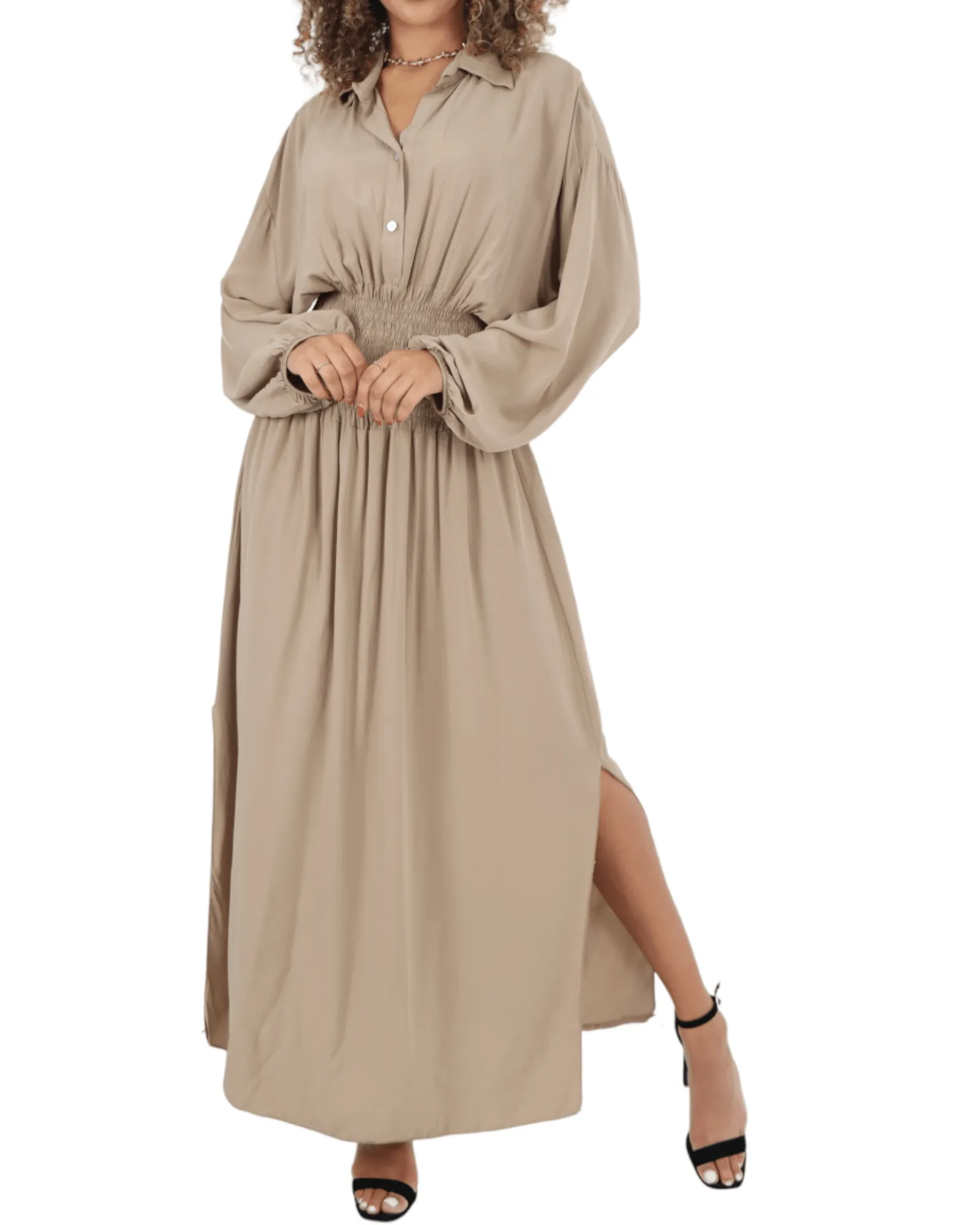 Elasticated Waist Double Slit Maxi Dress