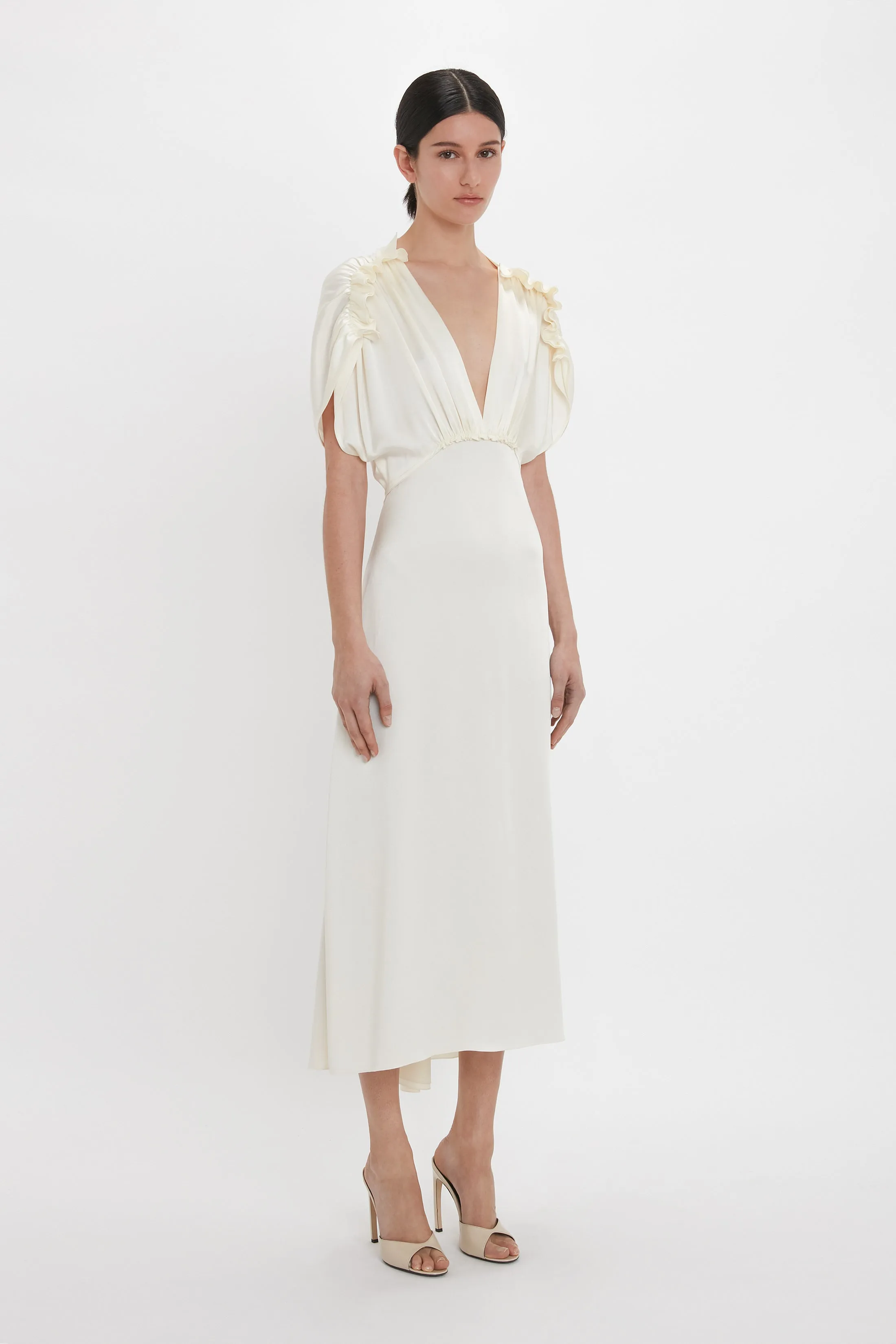 Exclusive V-Neck Ruffle Midi Dress In Ivory