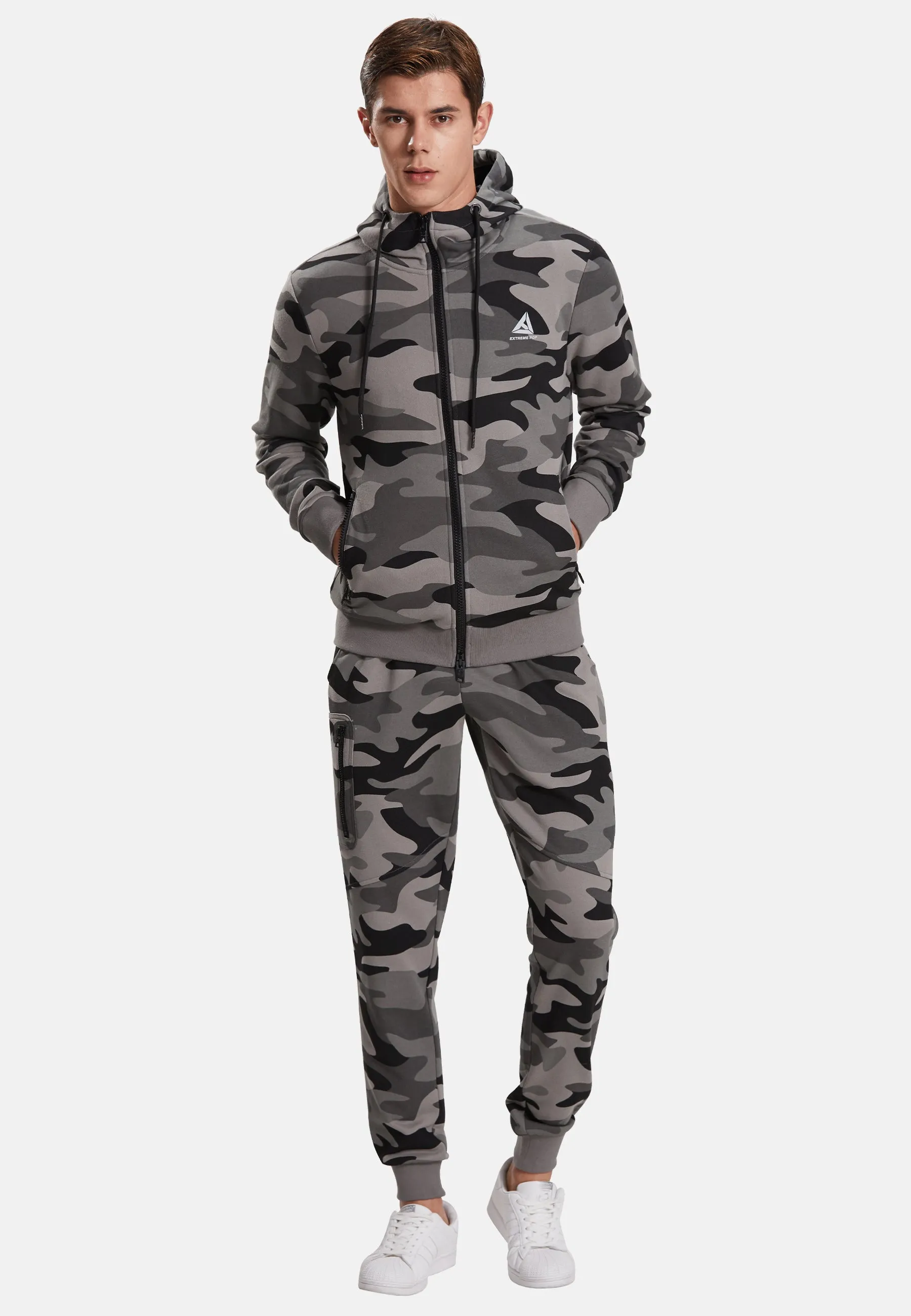 Extreme Pop Men's Tracksuit Set with pockets and hood in colours grey or green camouflage