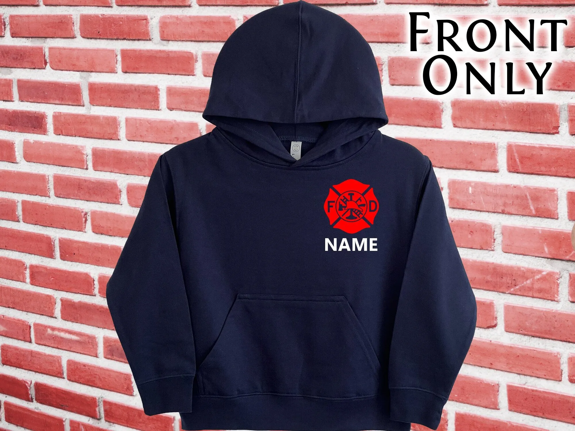 Firefighter Youth Sized Hoodie in Navy with Maltese Cross and Personalized Name - Optional Fire Department on Back