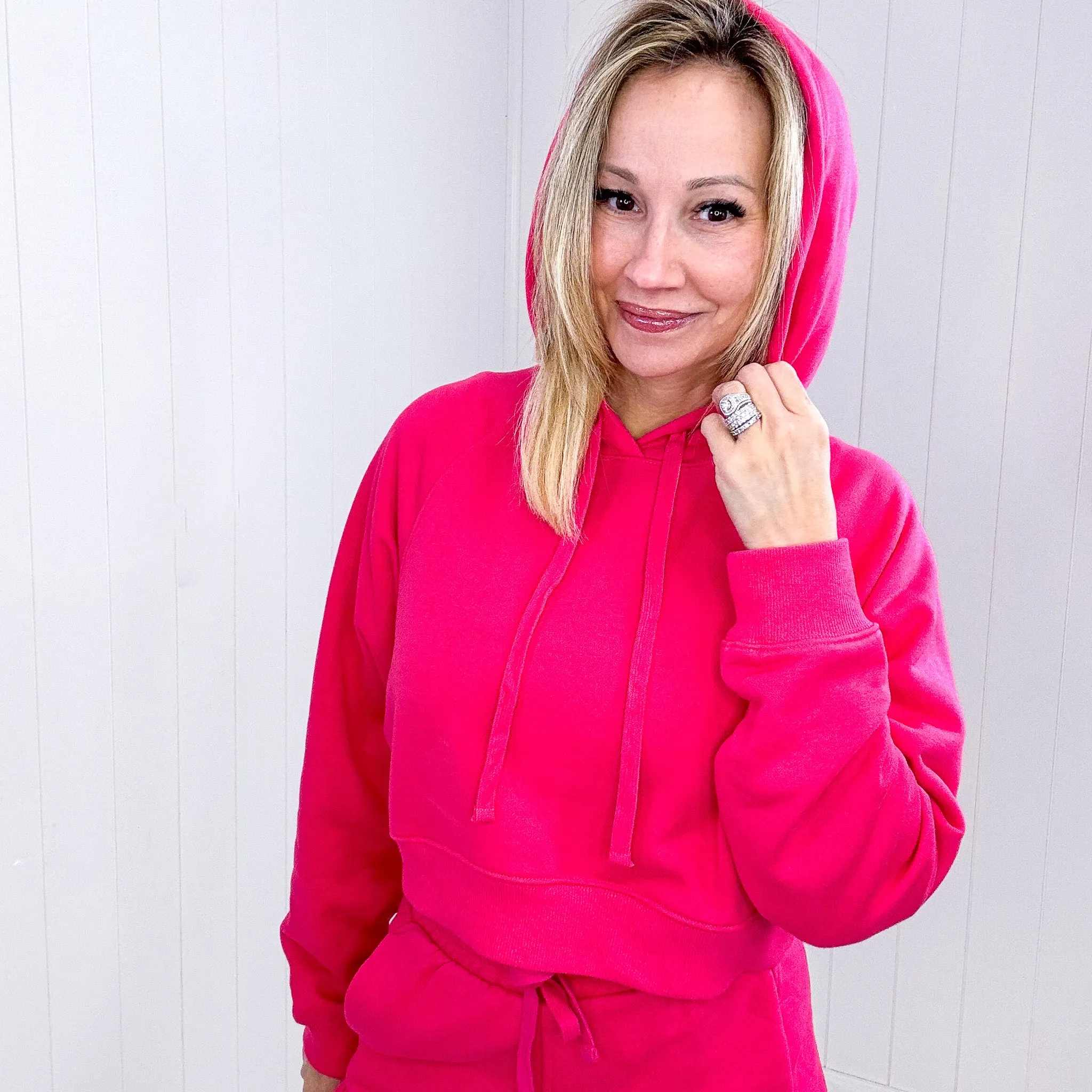 Flamingo Pink French Terry Cropped Pullover Hoodie Shorts Set