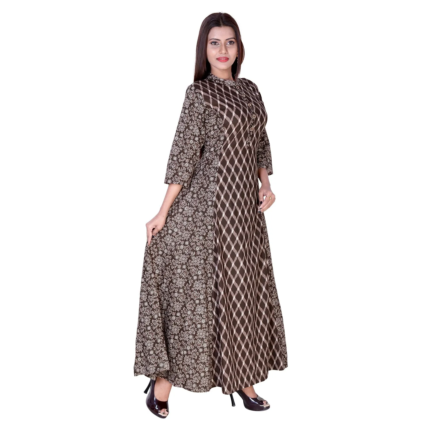 Floor Length Cotton Brown Geometrical Kurti