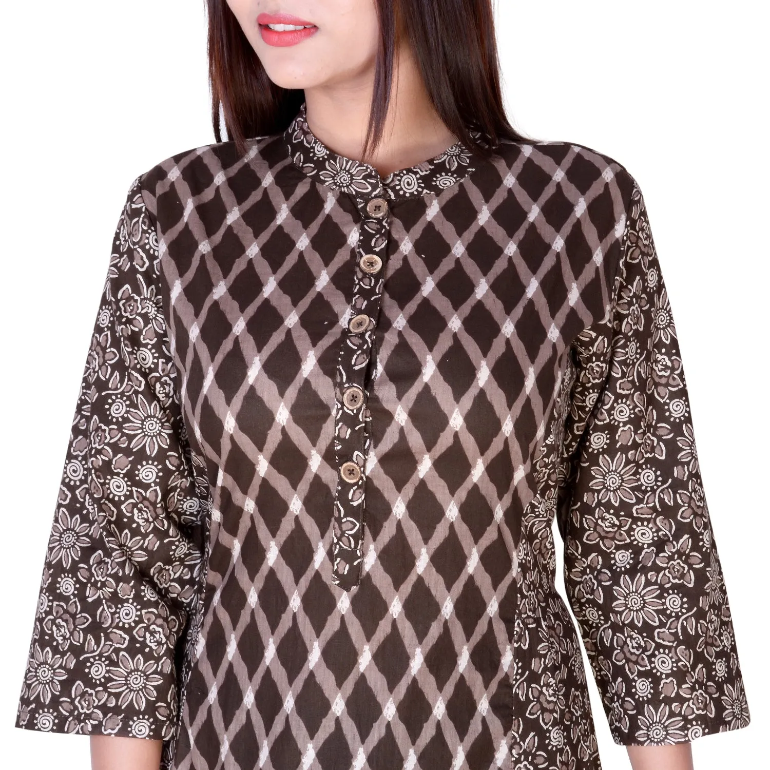 Floor Length Cotton Brown Geometrical Kurti