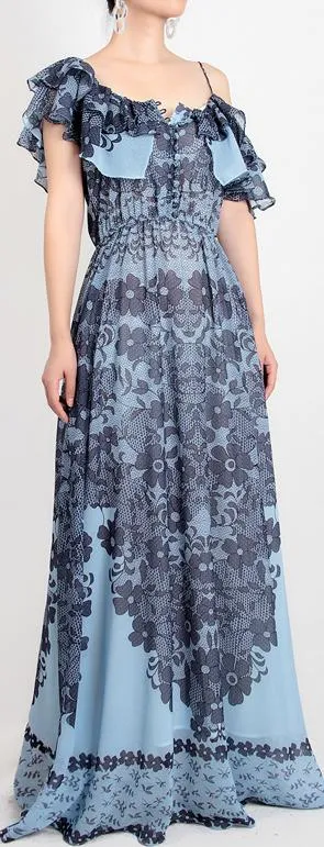 Floral and Lace Printed Chiffon Maxi Dress