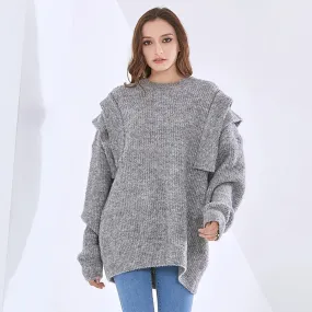 Folds Knitting Solid Sweaters For Women Round Neck Long Sleeve Pullover Casual Loose Sweater Female Fashion Clothes