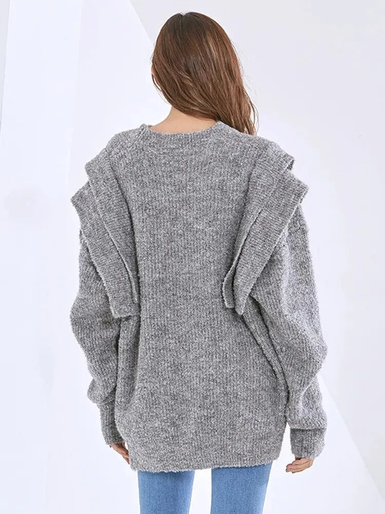 Folds Knitting Solid Sweaters For Women Round Neck Long Sleeve Pullover Casual Loose Sweater Female Fashion Clothes