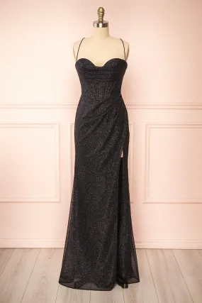 Frosti Black | Sparkly Cowl Neck Maxi Dress