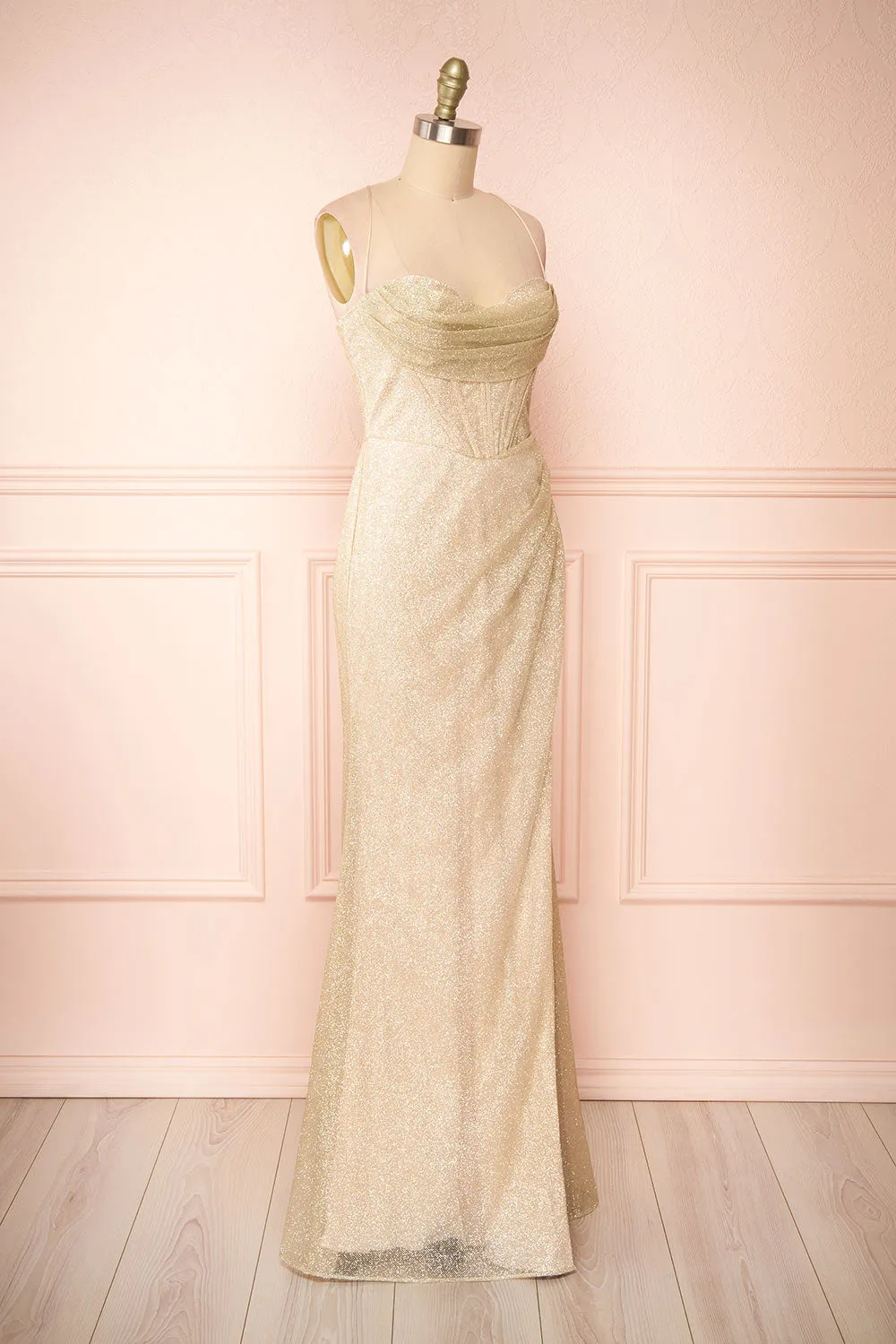 Frosti Champagne | Sparkly Cowl Neck Maxi Dress