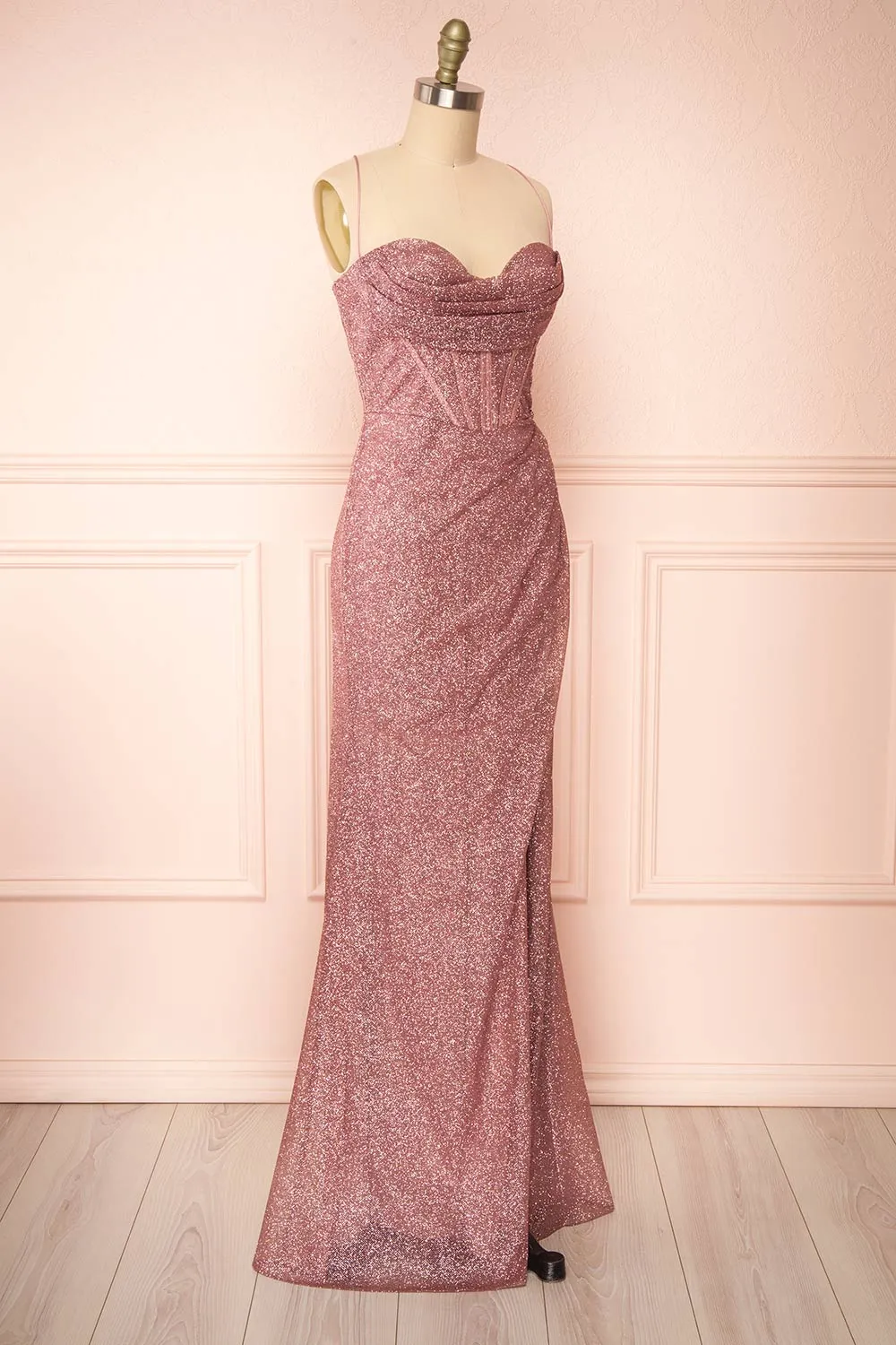 Frosti Mauve | Sparkly Cowl Neck Maxi Dress