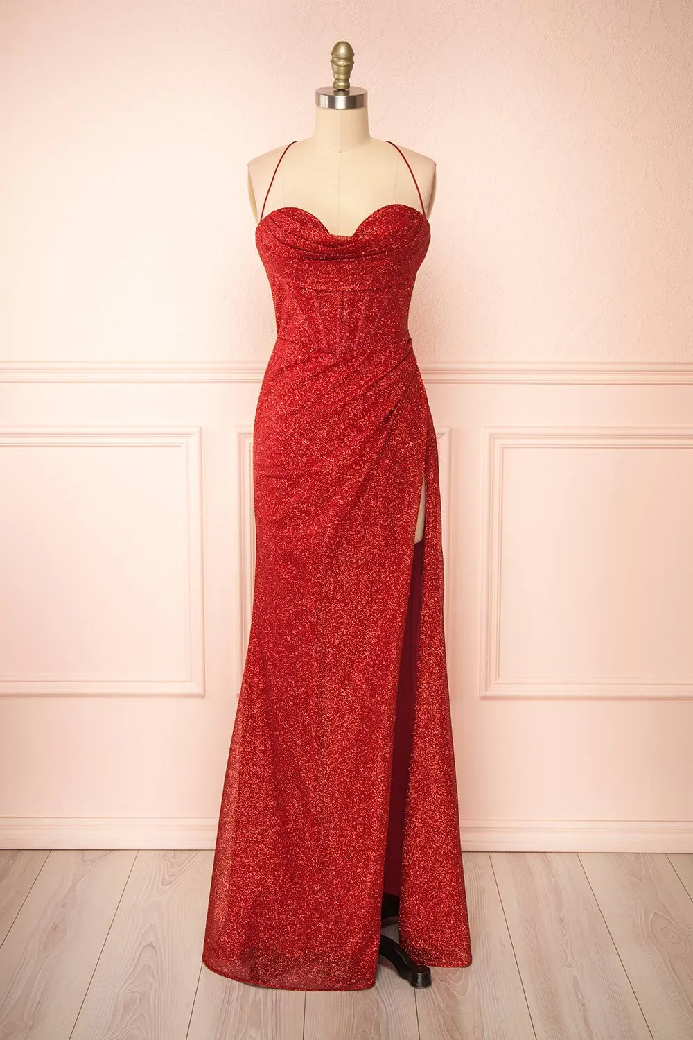 Frosti Red | Sparkly Cowl Neck Maxi Dress