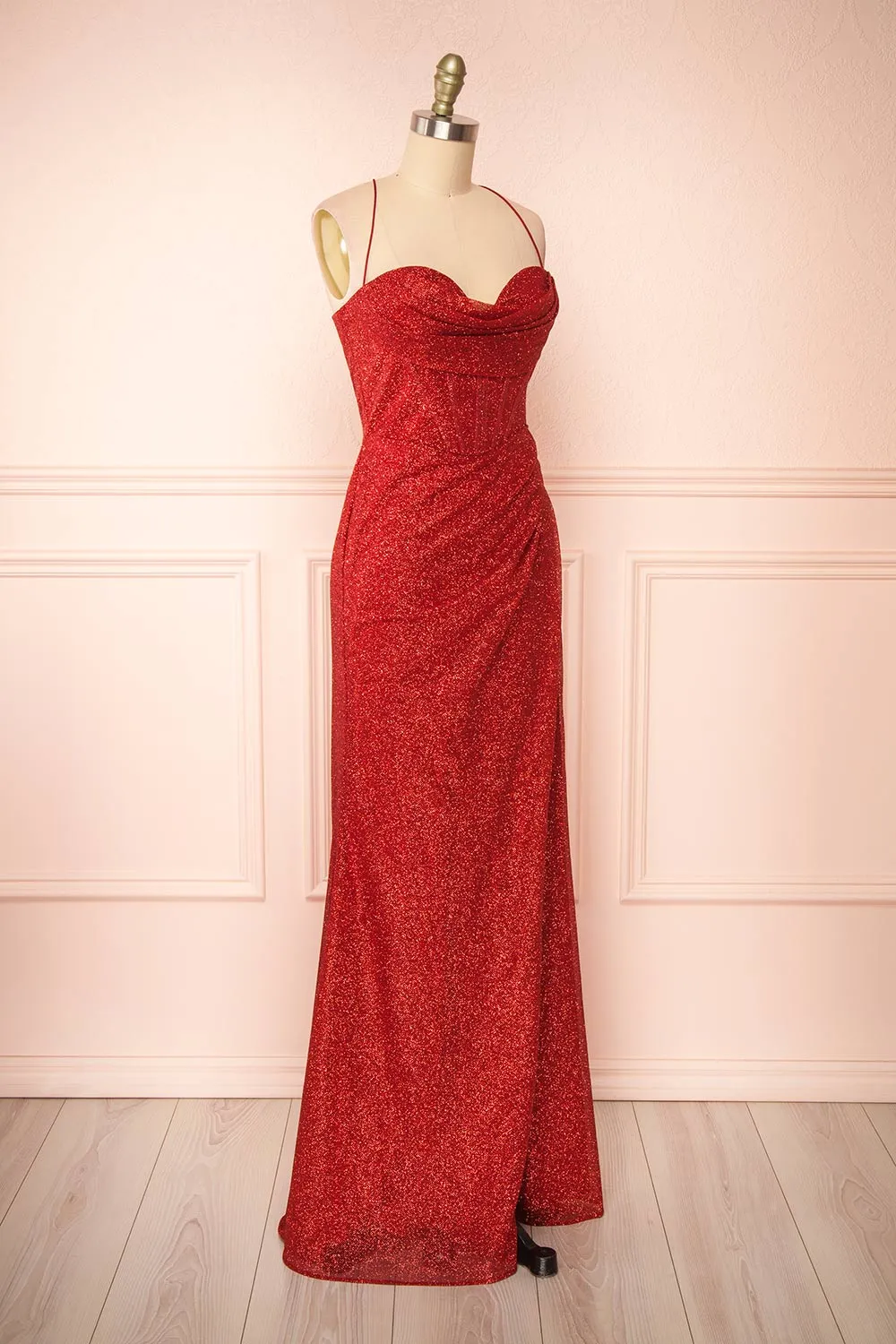 Frosti Red | Sparkly Cowl Neck Maxi Dress