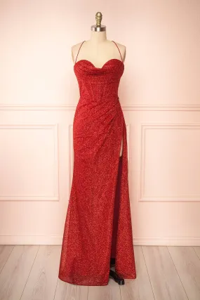 Frosti Red | Sparkly Cowl Neck Maxi Dress