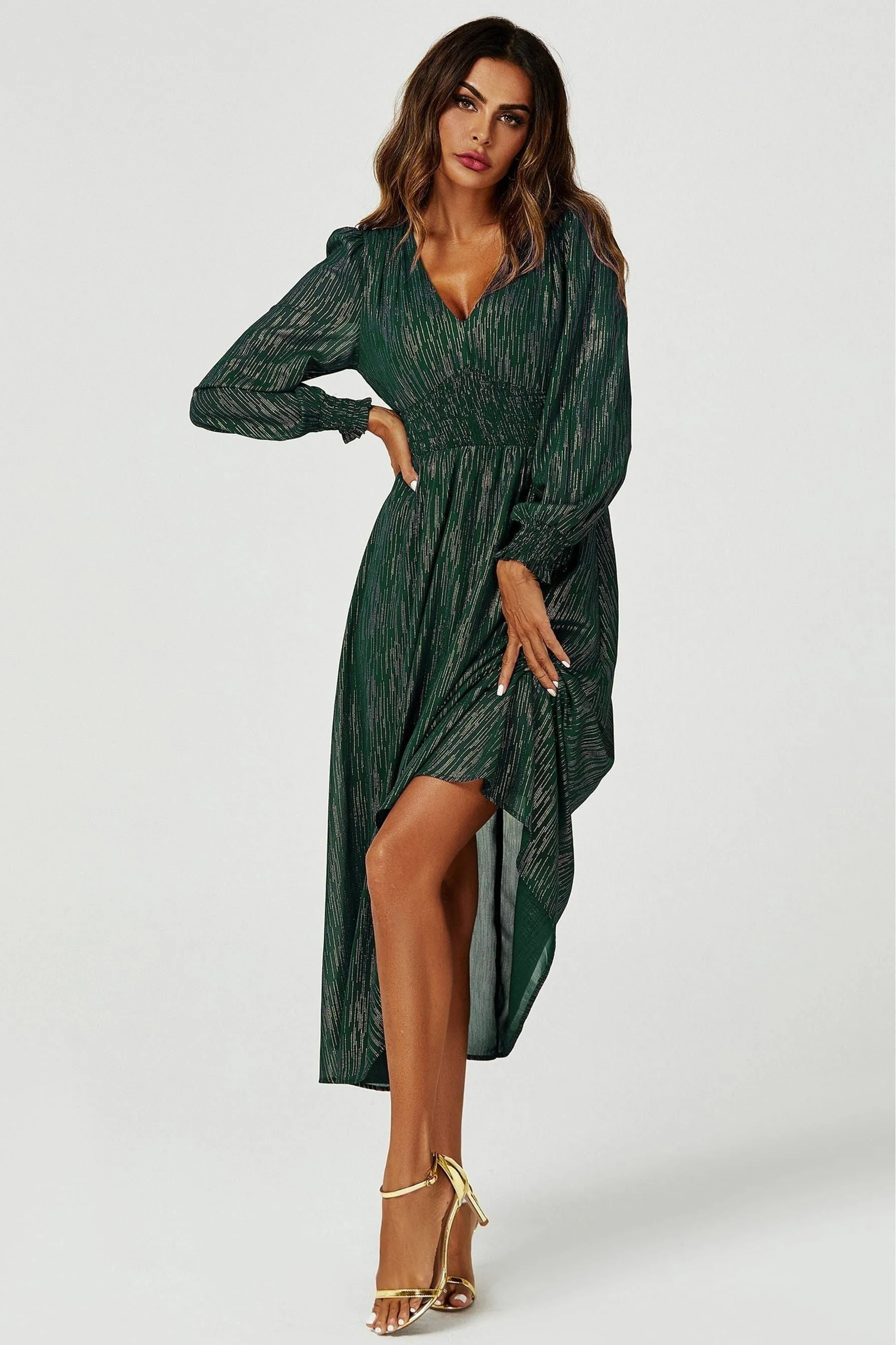 FS Collection Gold Stripe Foil Long Sleeve Maxi Dress In Green